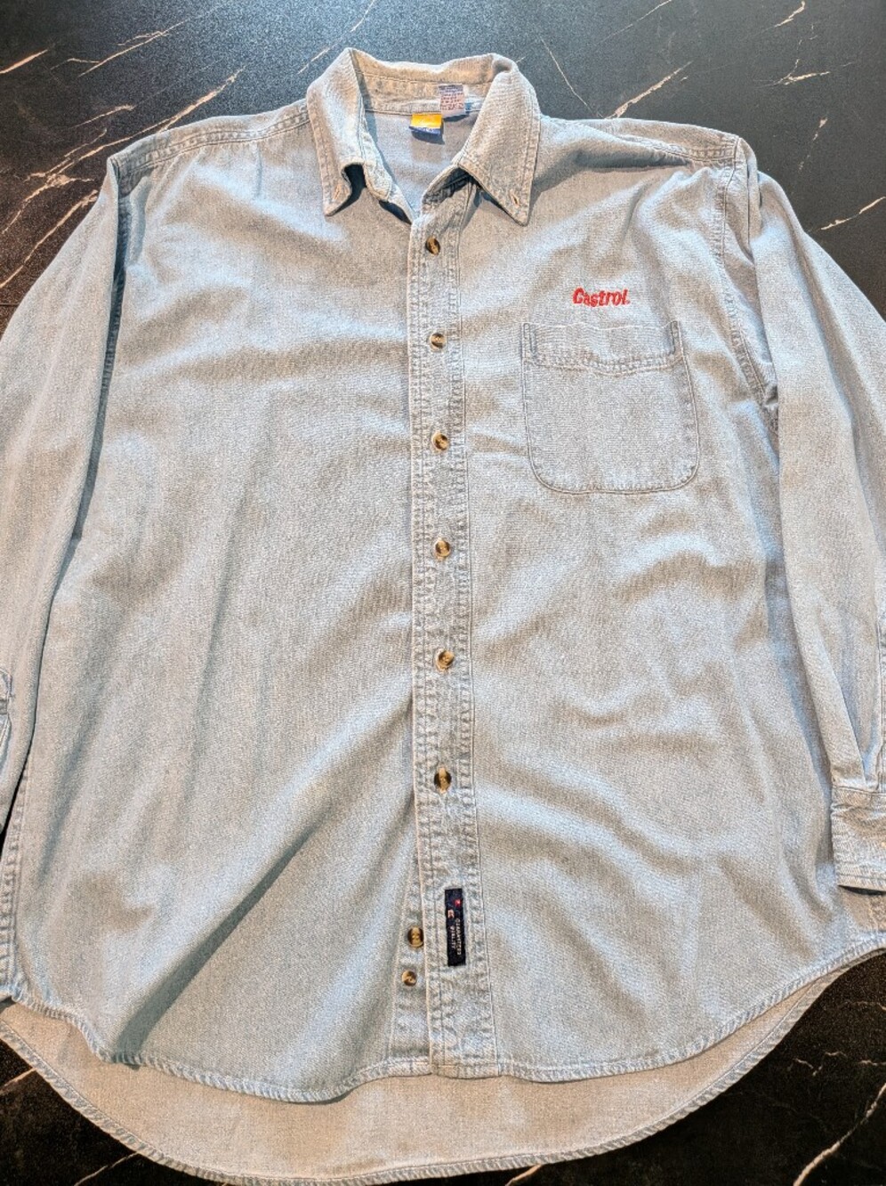 VINTAGE Embroidered  CASTROL Light Blue Denim Work Shirt - Men